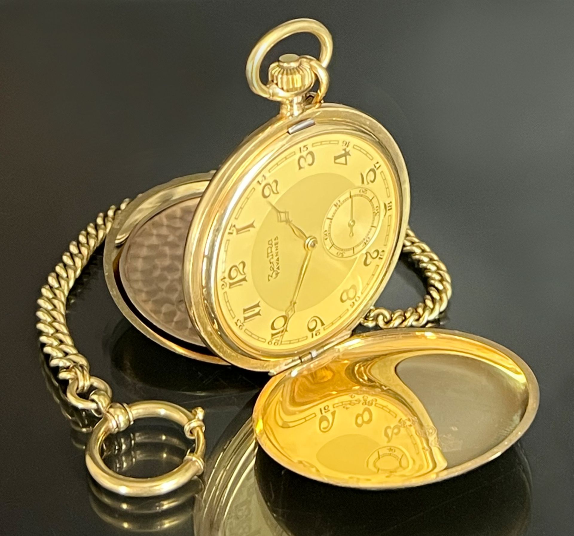 Men's pocket watch ZENTRA Tavannes 585 yellow gold with gold chain. Switzerland.