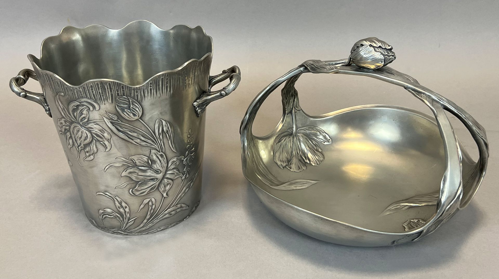 Achille GAMBA (1881 - 1944). Handle bowl and champagne cooler. Art Nouveau. Pewter. - Image 2 of 7
