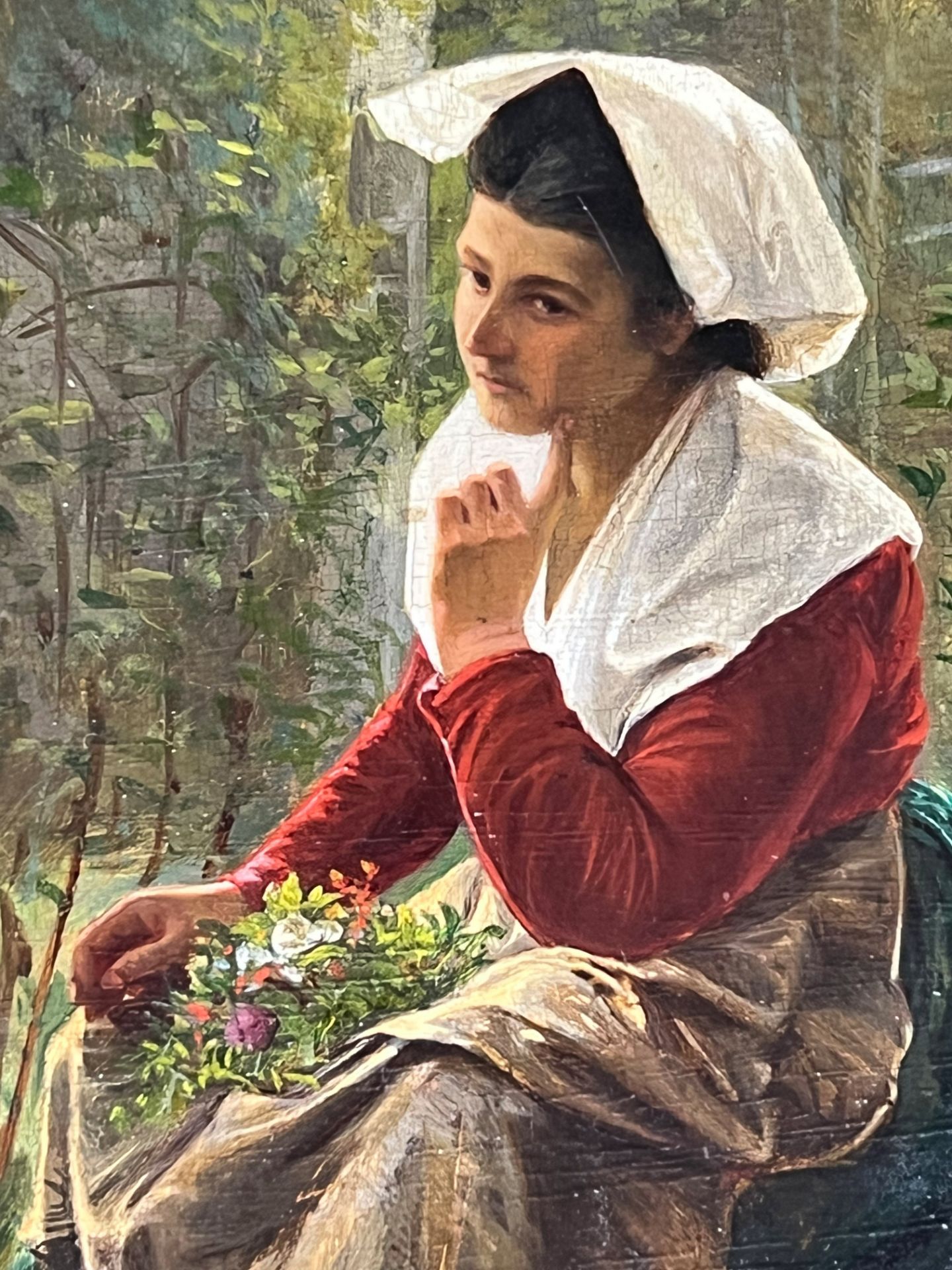 Guiseppe BENSA (XIX - XX). Thoughtful peasant woman with flowers. - Image 6 of 8