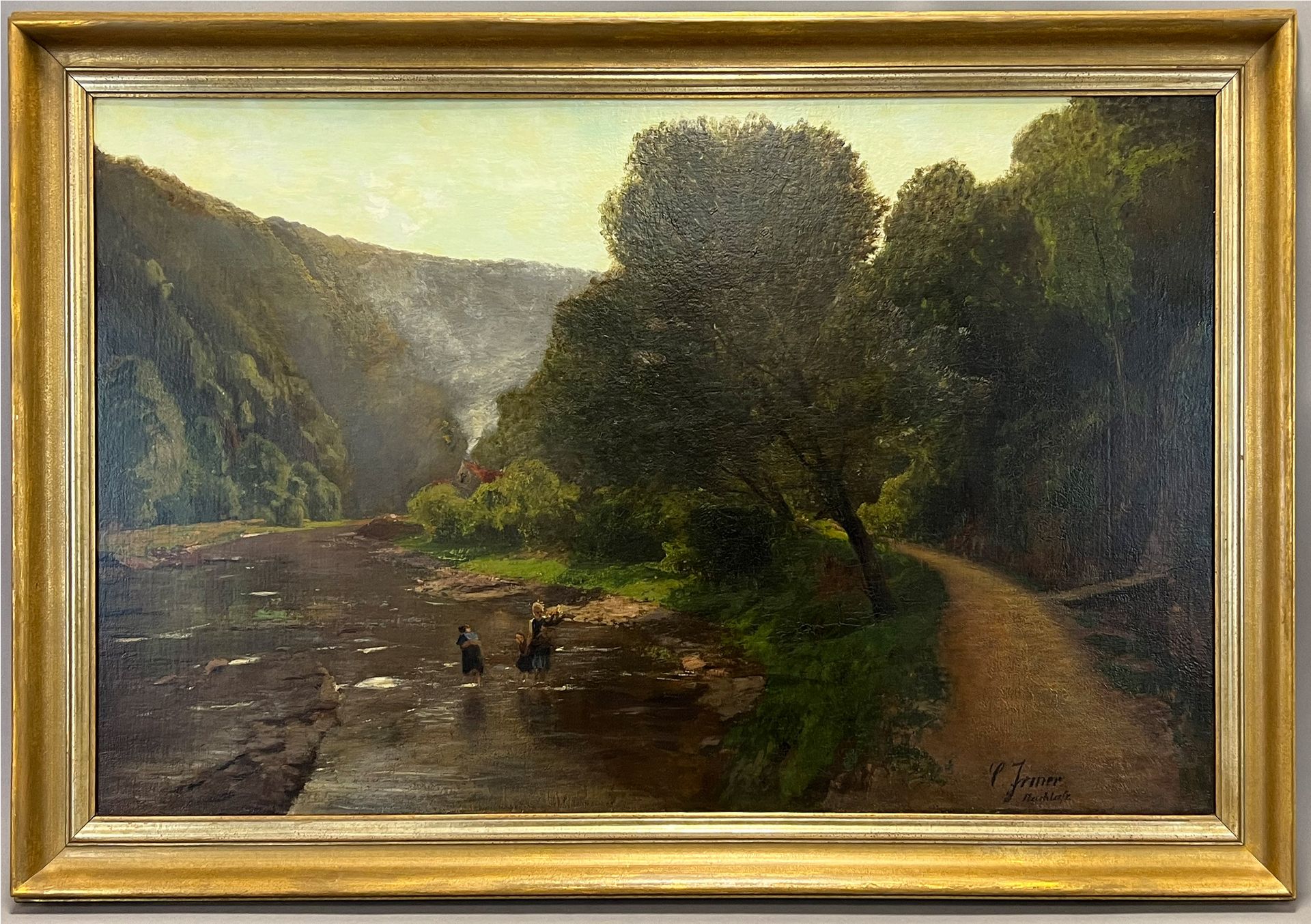 Carl IRMER (1834 - 1900). Bewaldete Flusslandschaft mit Wäscherinnen. - Bild 2 aus 11