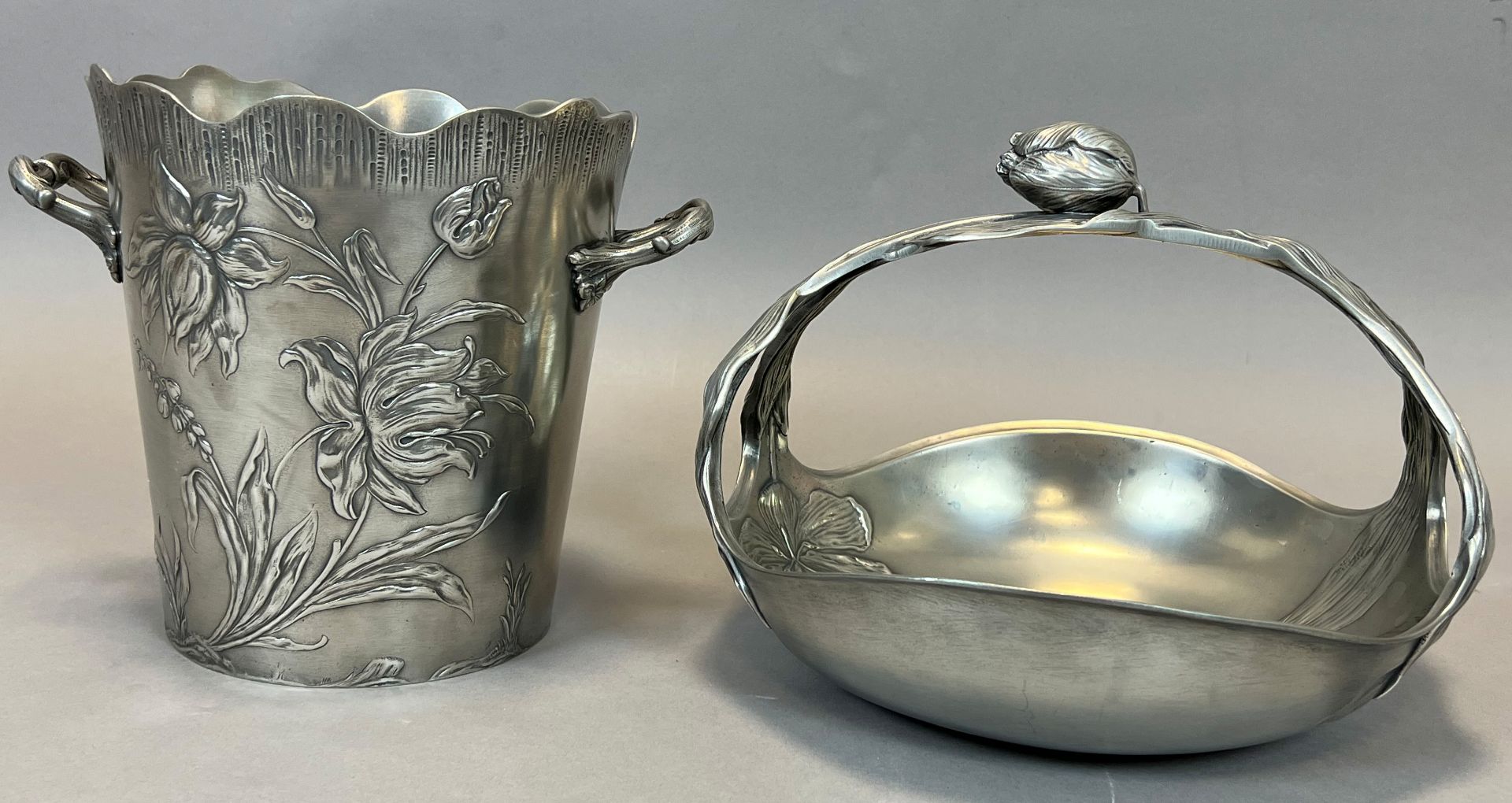 Achille GAMBA (1881 - 1944). Handle bowl and champagne cooler. Art Nouveau. Pewter. - Image 3 of 7