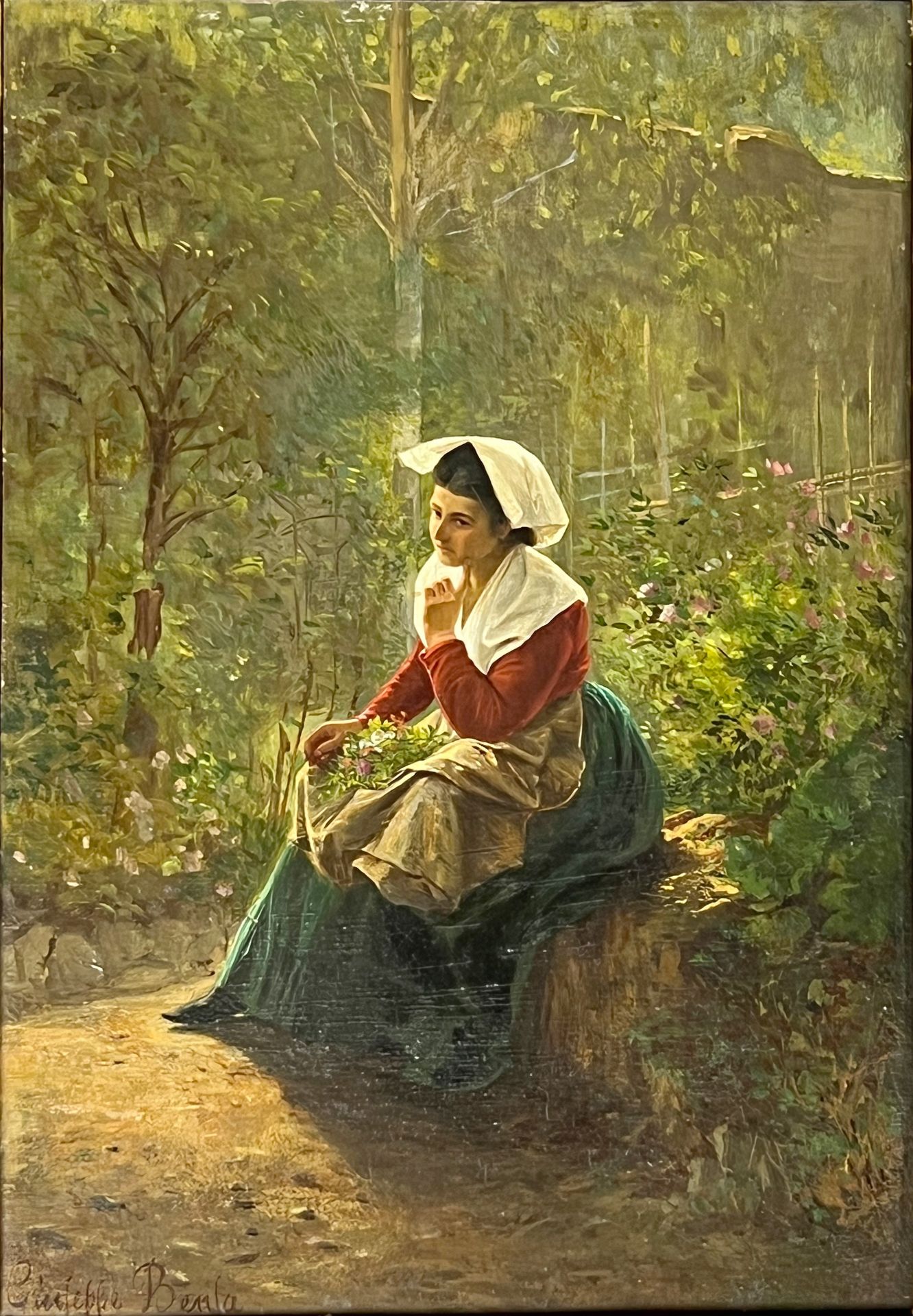 Guiseppe BENSA (XIX - XX). Nachdenkliche Bäuerin mit Blumen. - Bild 2 aus 8