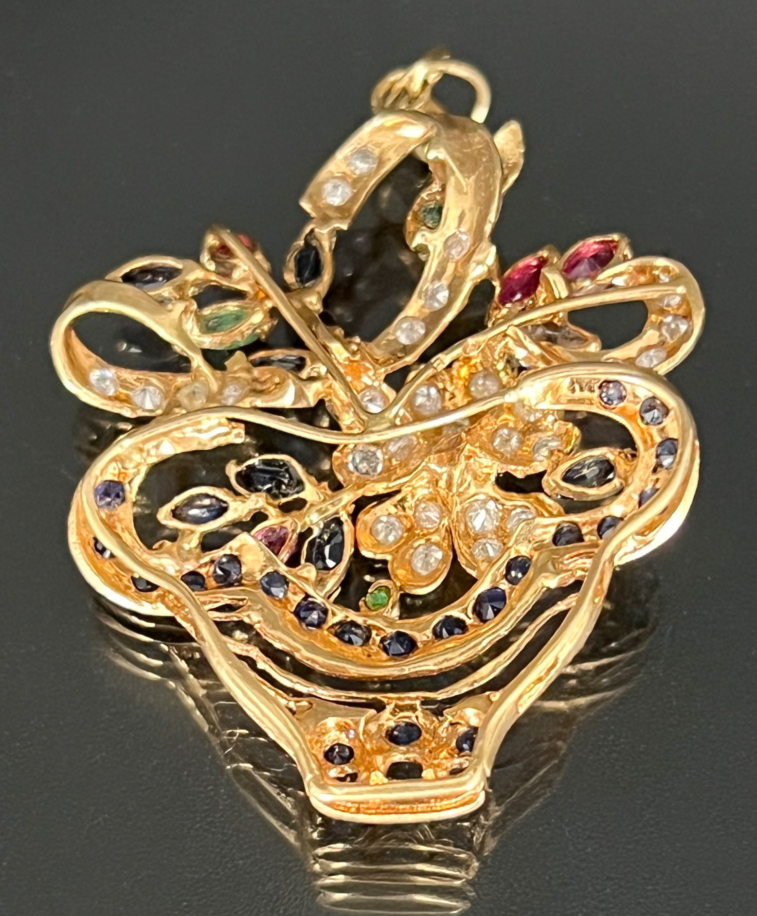 Flower basket pendant 750 yellow gold with gemstone setting. - Image 2 of 4