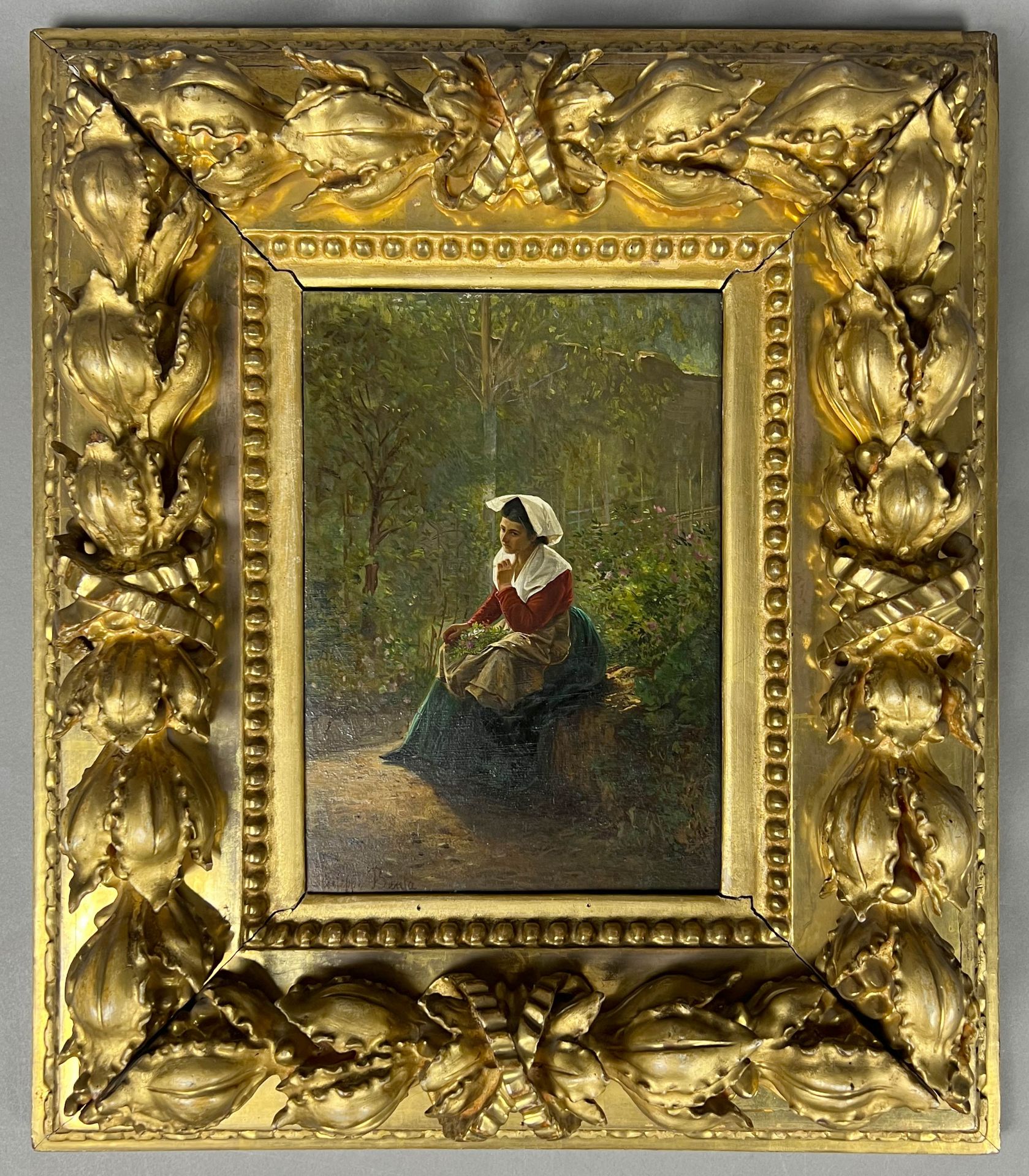 Guiseppe BENSA (XIX - XX). Nachdenkliche Bäuerin mit Blumen.