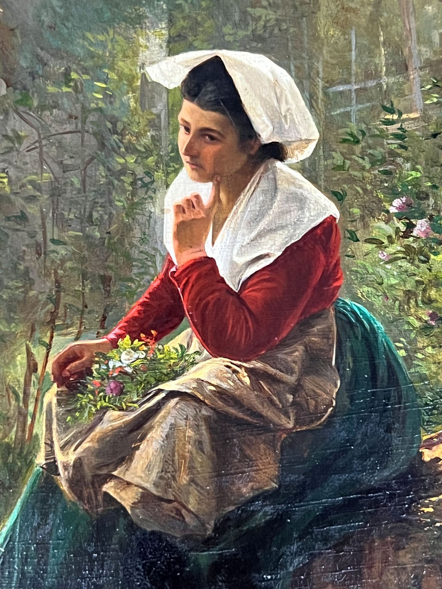 Guiseppe BENSA (XIX - XX). Thoughtful peasant woman with flowers. - Image 4 of 8