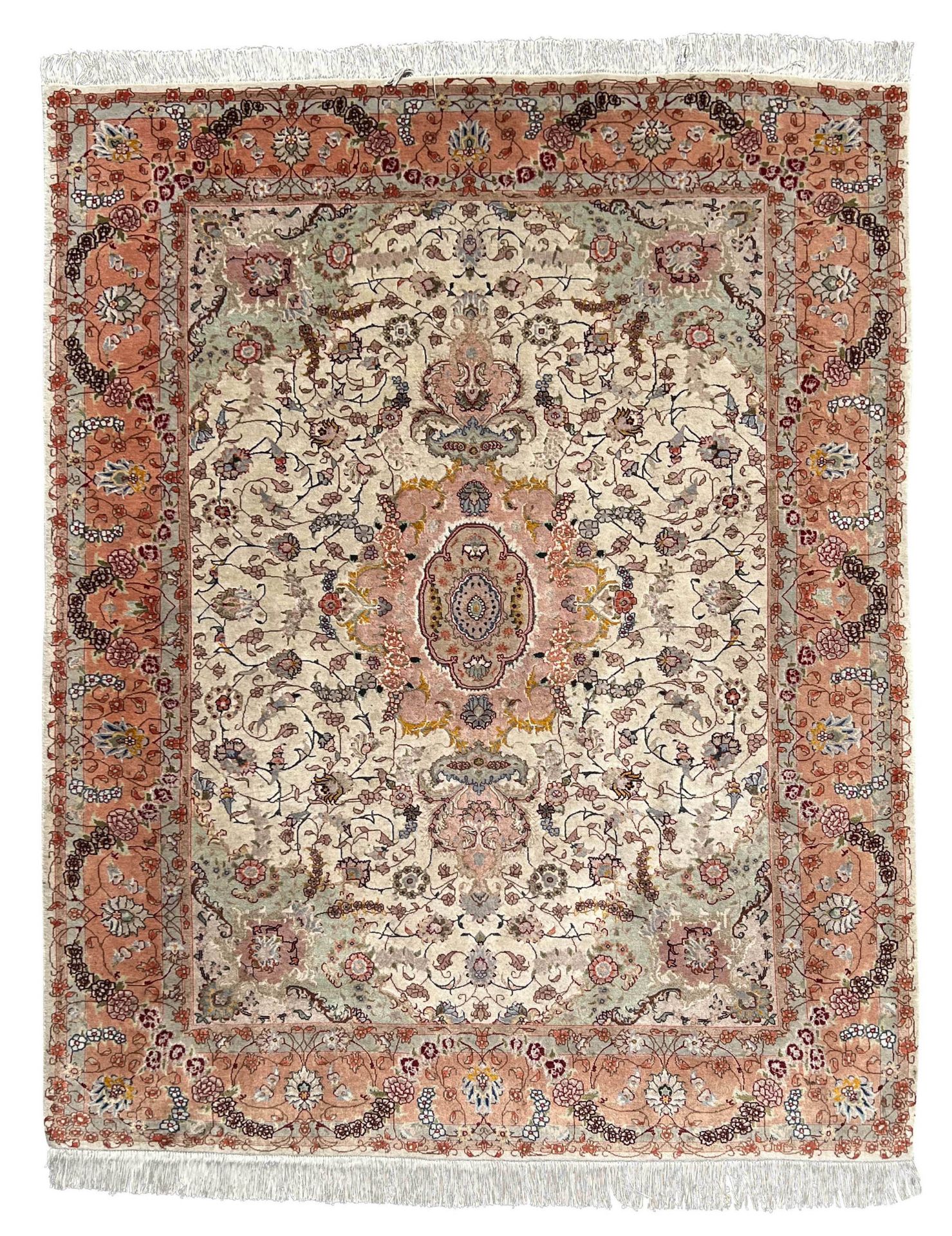 Tabriz oriental carpet. Cork wool decorated with silk.