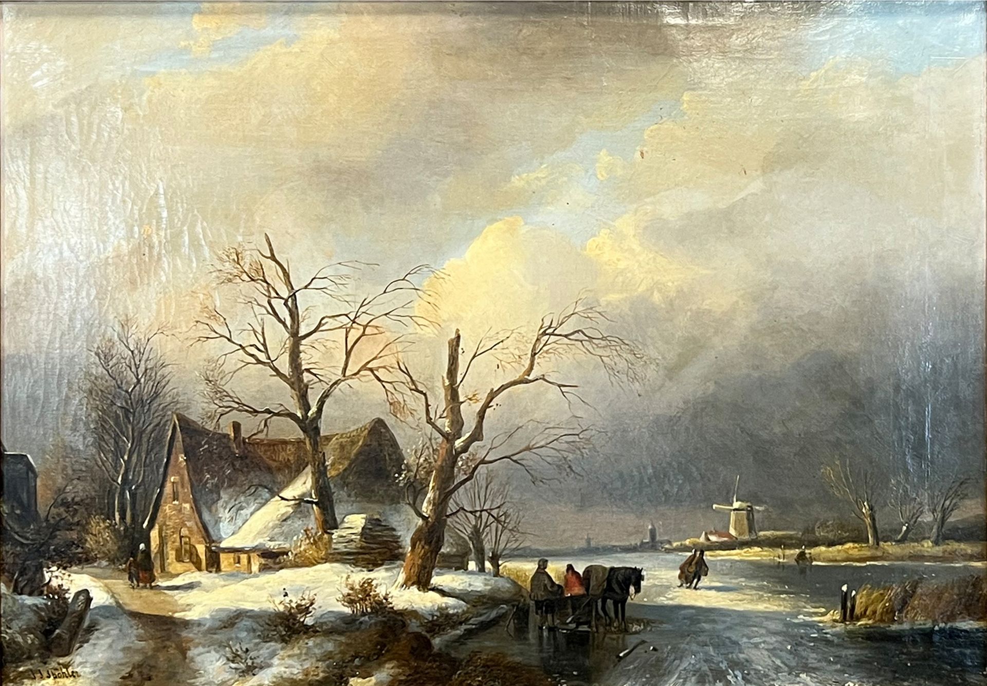 Attributed to Jacob Jan Coenraad SPOHLER (1837 - 1922). Dutch winter landscape.