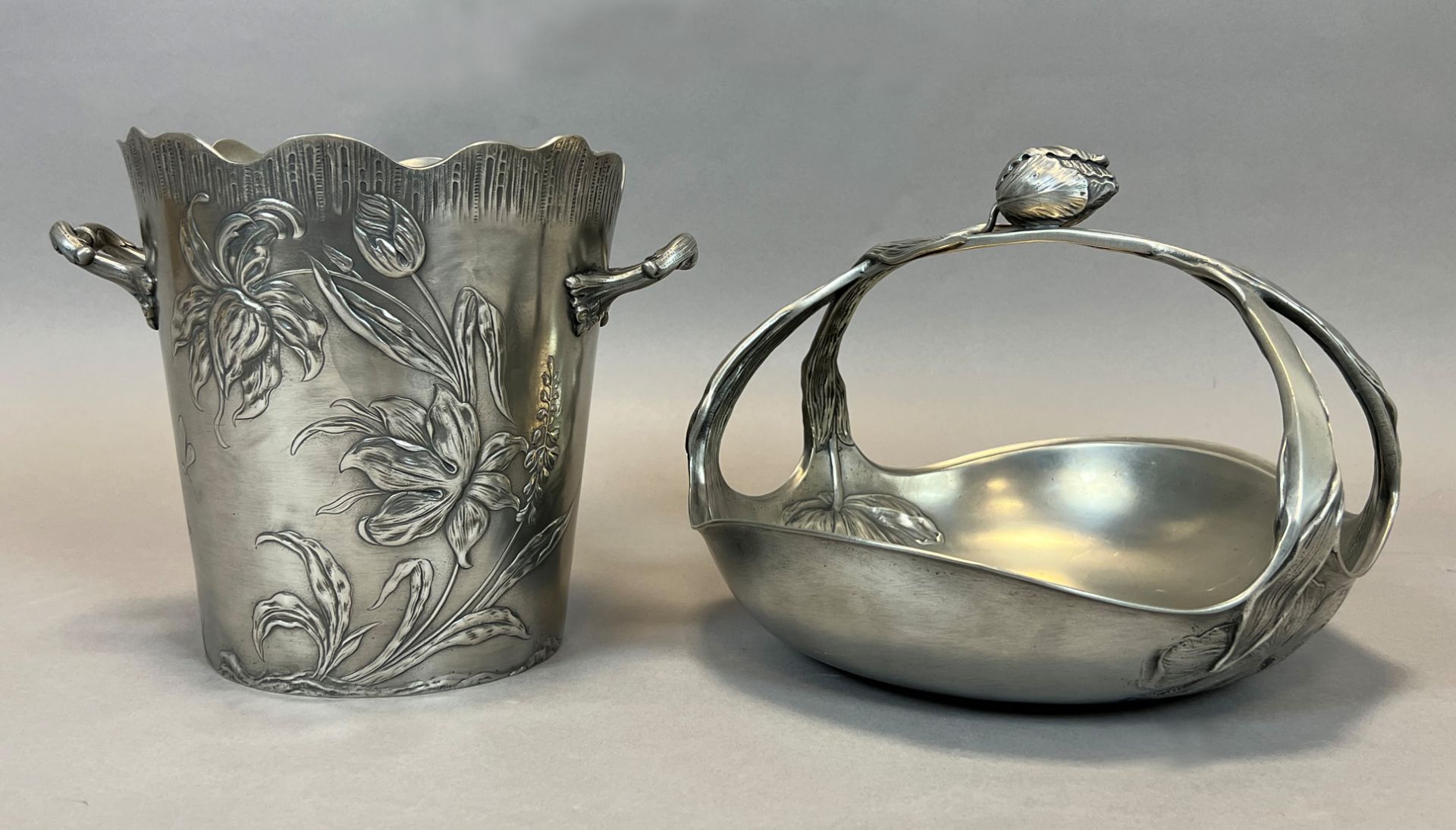 Achille GAMBA (1881 - 1944). Handle bowl and champagne cooler. Art Nouveau. Pewter.