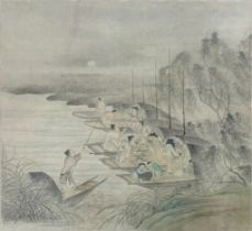 Feine Seidenmalerei mit Fischerbooten und Personen. China. 20. Jahrhundert.