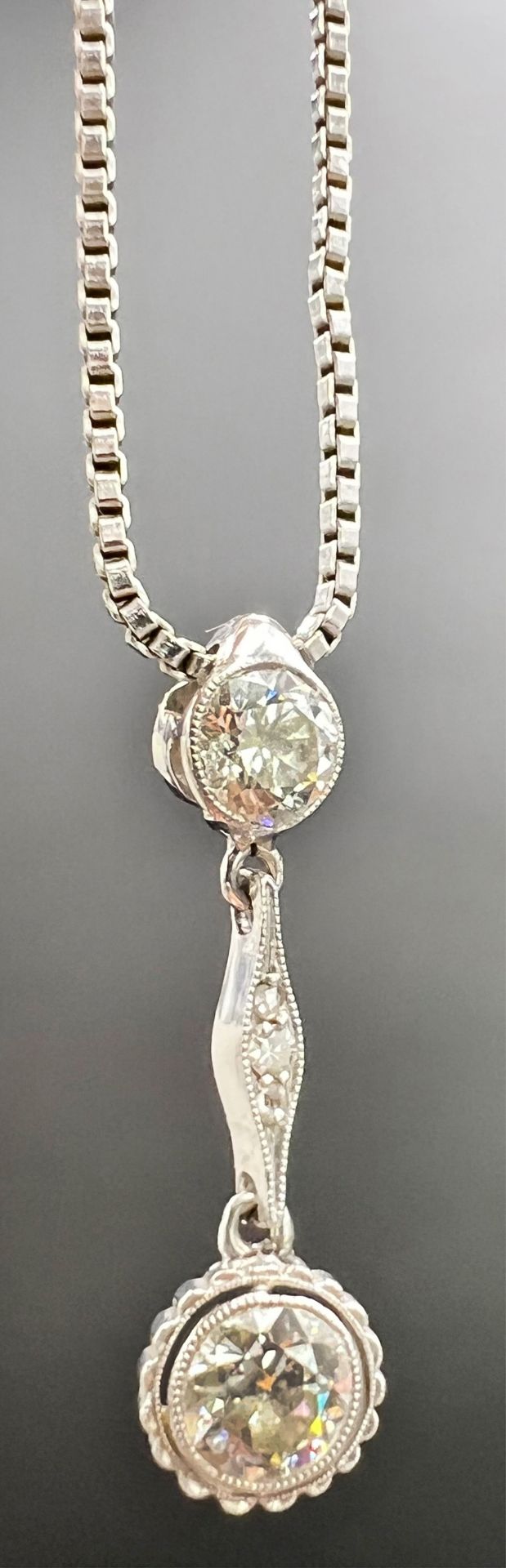 Pendant with chain. 585 white gold with 2 diamonds. Art deco. - Image 2 of 12