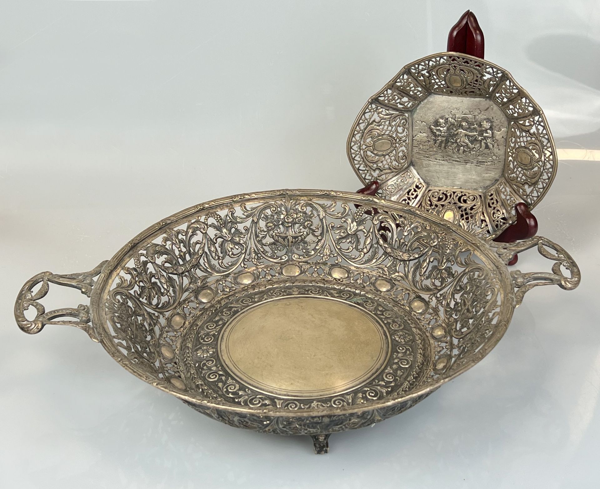 Two antique breakthrough bowls. 800 silver. Crescent moon crown. 19th century. - Image 2 of 18