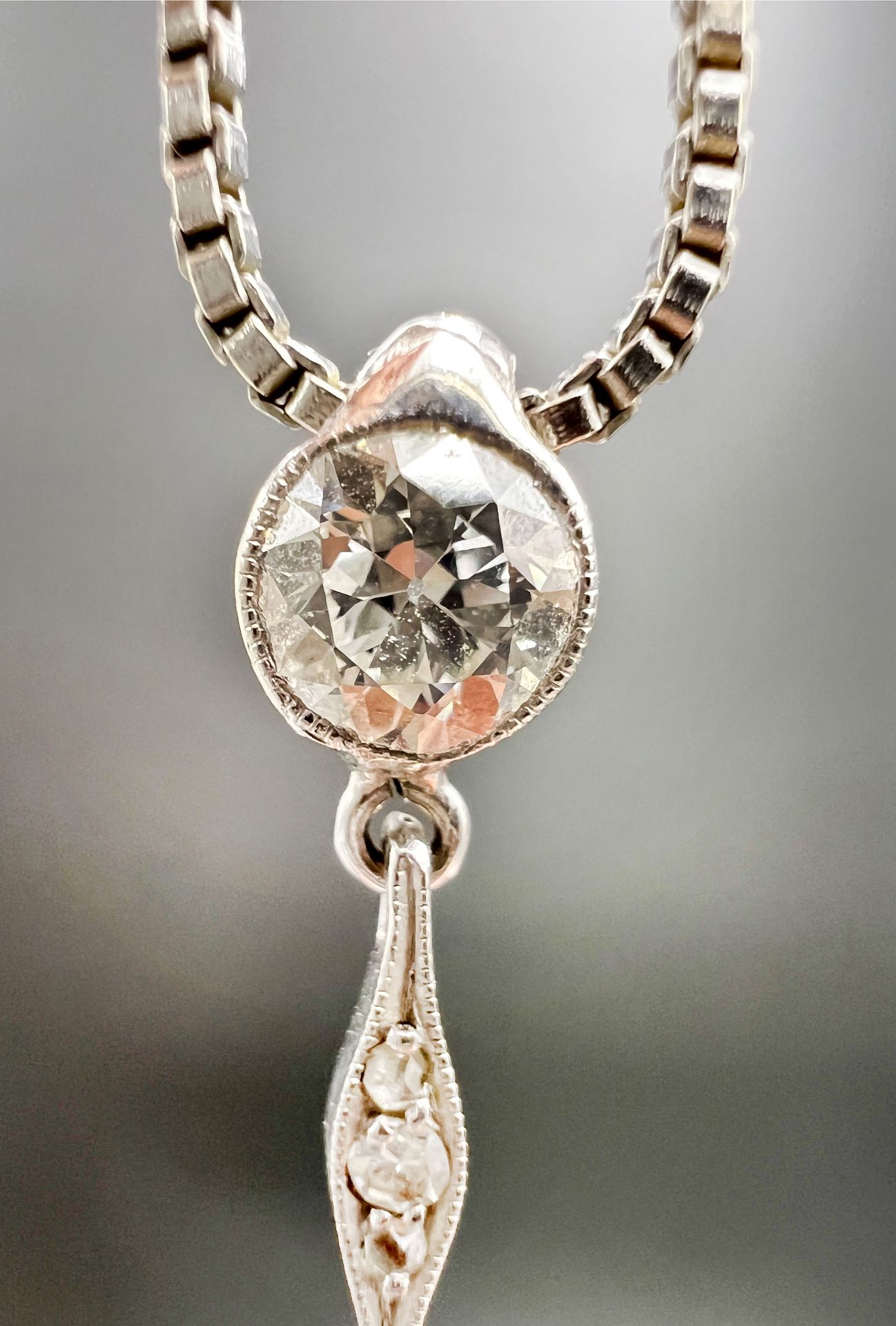 Pendant with chain. 585 white gold with 2 diamonds. Art deco. - Image 9 of 12