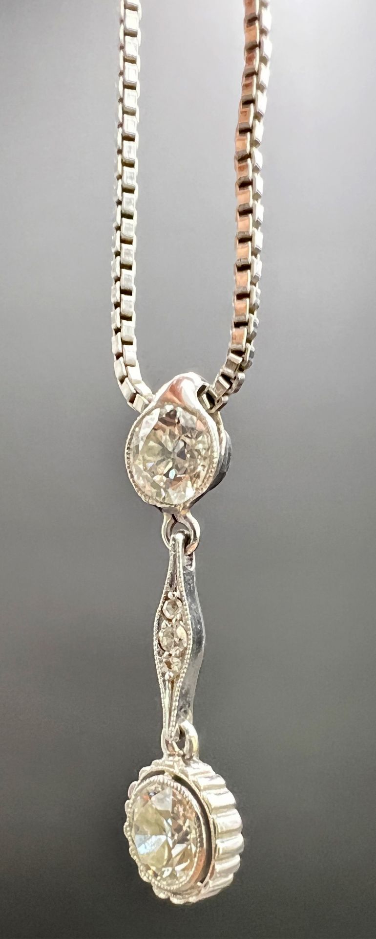 Pendant with chain. 585 white gold with 2 diamonds. Art deco. - Image 3 of 12