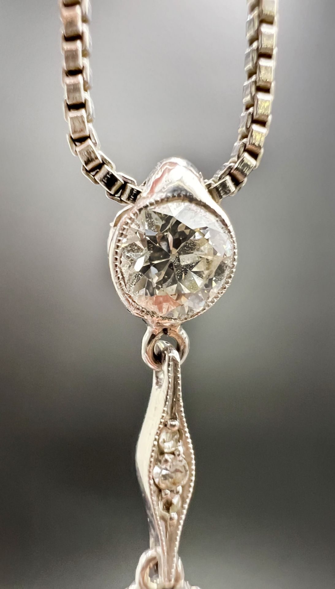 Pendant with chain. 585 white gold with 2 diamonds. Art deco. - Image 5 of 12