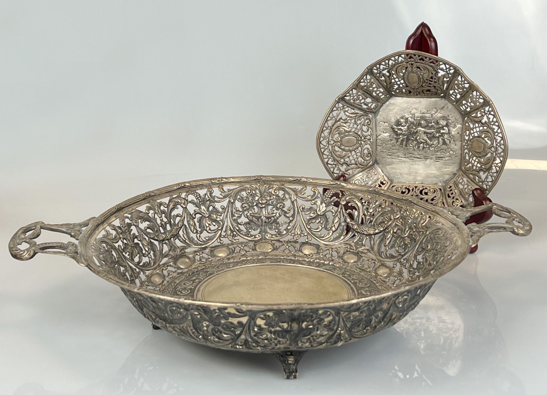 Two antique breakthrough bowls. 800 silver. Crescent moon crown. 19th century.