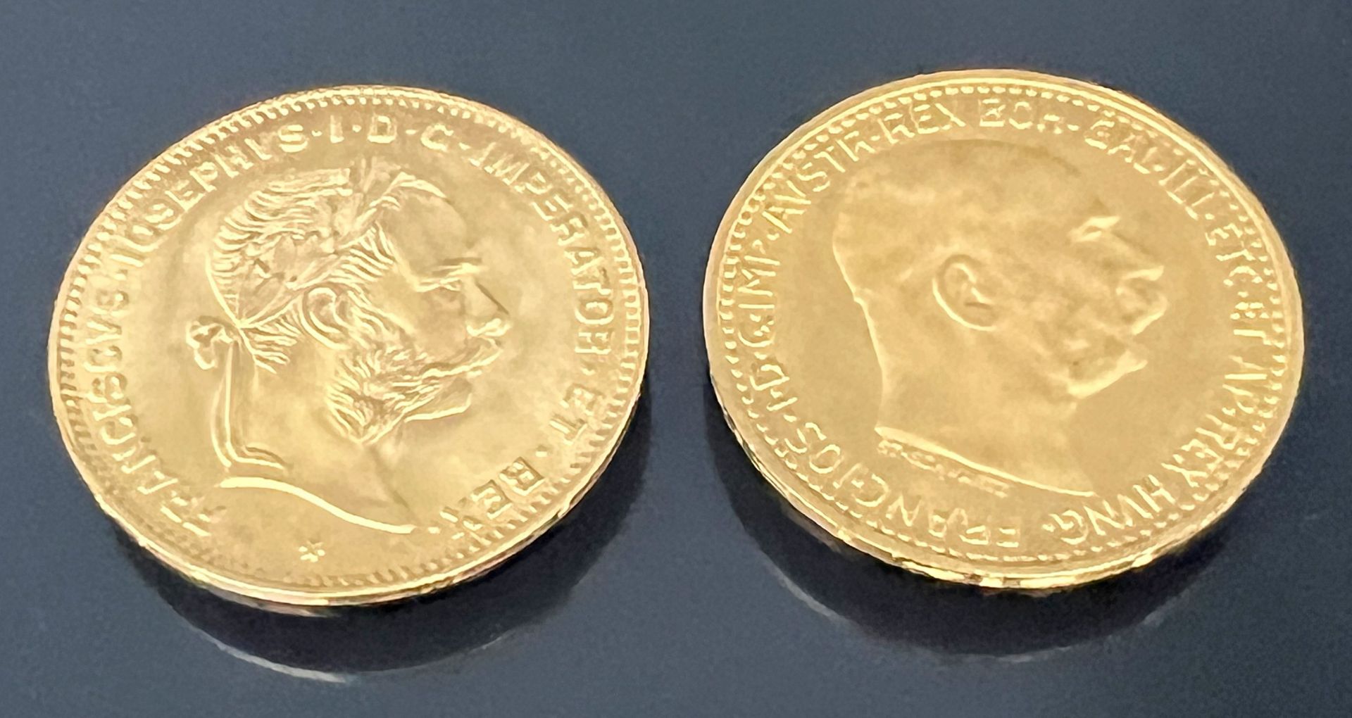 Zwei Goldmünzen "Franz Joseph I.". Österreich.