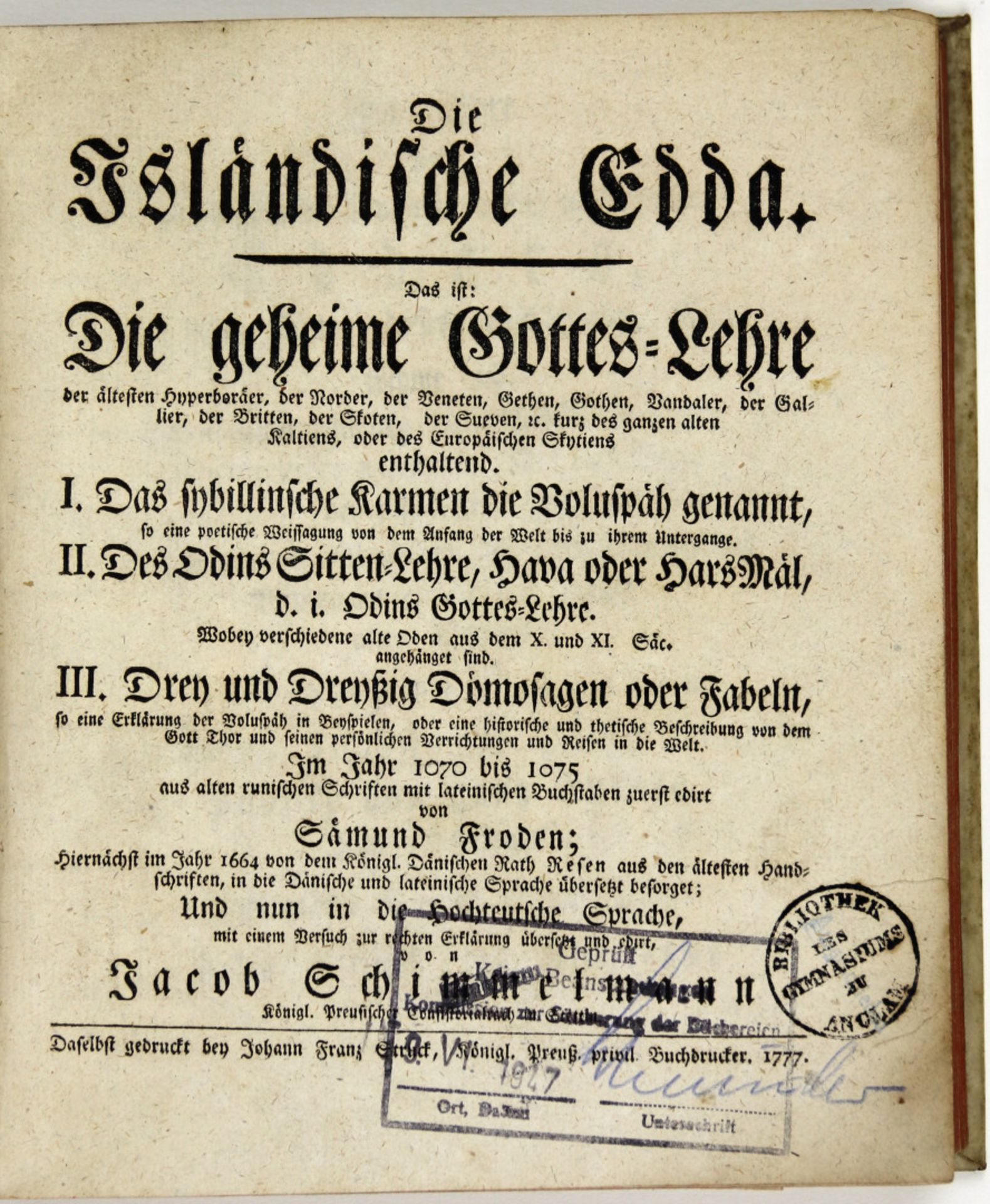 Edda. - Schimmelmann, Jacob: (Übersetzer), Die Isländische Edda. - Bild 2 aus 3