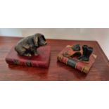 A pair of hand crafted Bookends from The original Bookworks Ltd along with four pottery Frogs.