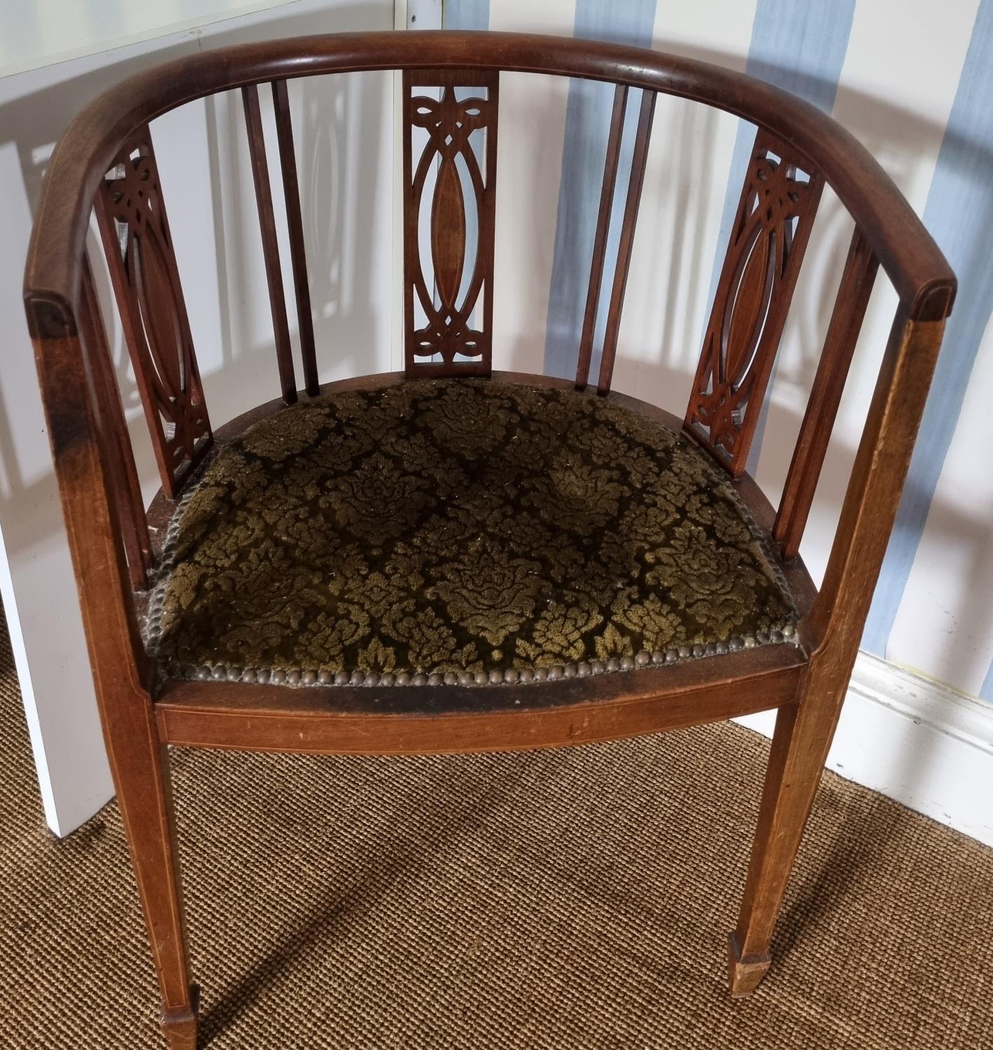 A late 19th early 20th Century Mahogany and Inlaid Tub Chair with square tapered supports. W52 x - Image 2 of 2
