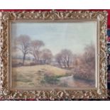 A 19th Century Watercolour of a river scene in a highly ornate frame. No apparent signature.