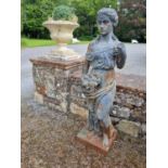 A really good and extremally heavy cast Iron Statue on pedestal base on a classical woman holding
