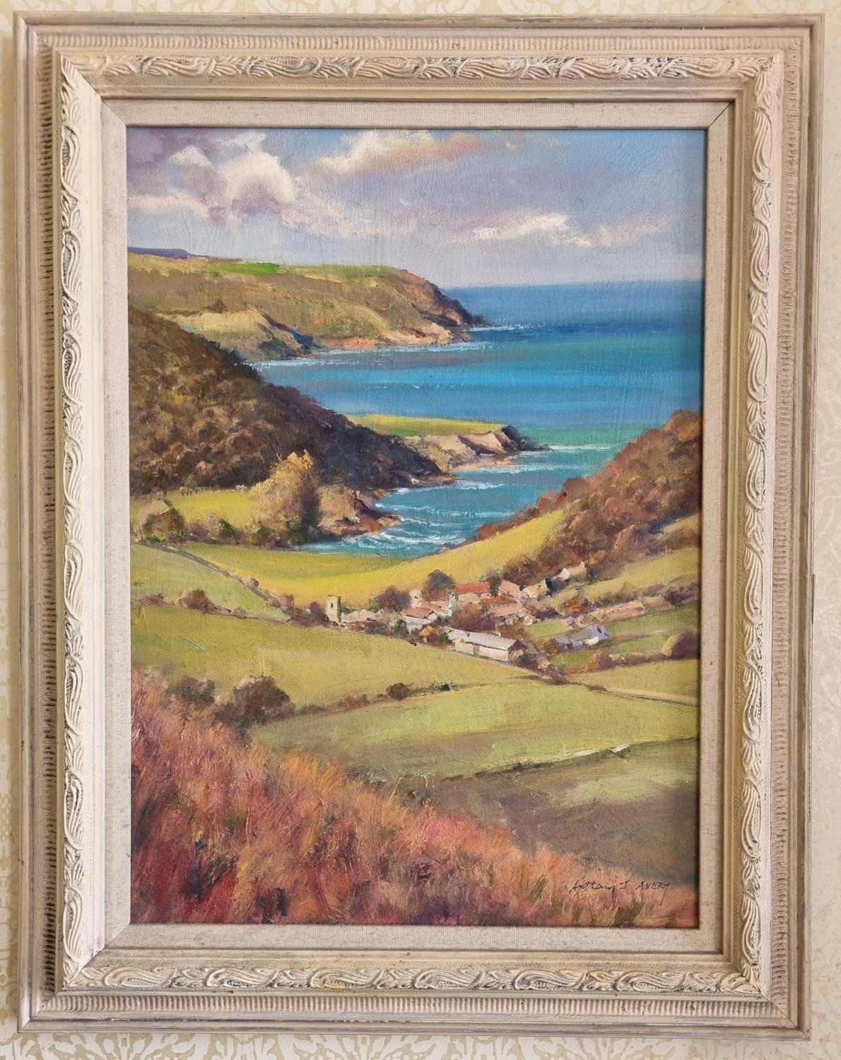 A 20th Century Oil on Canvas of a coastal scene with village to the fore. By Anthony Avery, signed