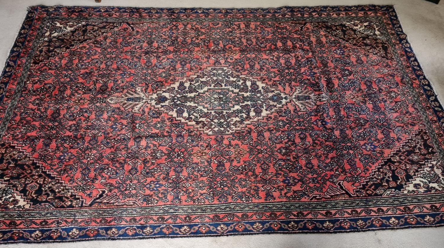 A Wool pile Persian Kashan Carpet with Terracotta and rich Blue ground from the Shahrukh region. 300 - Image 2 of 3