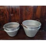 Two large Galvanised Vintage Milk Pails. D 38 x H 31, D 32 x H 25 cm approx.