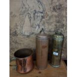 A 19th Century Copper and Brass Pale along with two trench art Canisters. Pole D 14 x H 14 cm