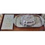 A good Silver Plated rectangular Tray along with a heavy 19th century silver serving dish and a wine