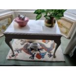 A hand painted rectangular Stool with turned fluted supports and tapestry style fabric along with