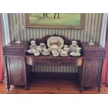 A good early 19th Century Mahogany breakfront Pedestal Sideboard with twin frieze drawers flanked by