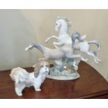 A Lladro Figure of a group of horses in full gallop along with an early Lladro figure of a dog. (leg