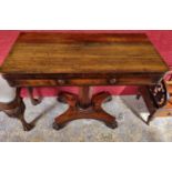 A good William 1Vth Rosewood Foldover Card Table with hexagonal shaft and platform base. 90.5 x 90.5