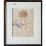 A late 19th early 20th Century Watercolour of a young girl looking at a bowl of roses, no apparent