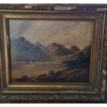 A large Oil on Canvas of a mountainous landscape. No apparent signature. In a distressed frame.