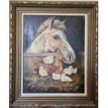 A 20th Century Oil on Canvas of a foal with hen and chicks. Indistinctly signed LR. 50 x 40 cm