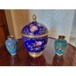 A large Cloisonne Tea Urn with lid with ormolu mounts along with a pair of miniature Cloisonne bud