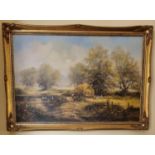 An Oil on Canvas '' Bringing home the Hay'' beside a pond with ducks. Signed LR. In a good gilt