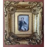 A miniature Oil on Card of a Gentleman in period dress in a nice gilt frame. 10 x 7 cm approx.