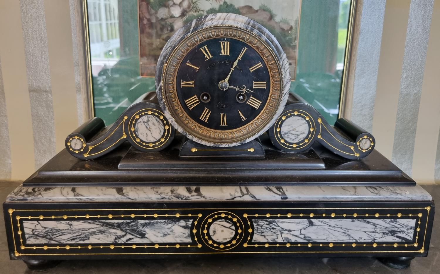 A good 19th Century black Slate Mantel Clock with black dial, profusely hand painted gold decoration