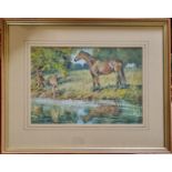 Michael Lyne (1912-1989) - Horse and Foal by A Stream, gouache on paper, signed lower right, 23 x 33