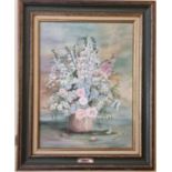 A 20th Century Oil on Canvas still life of flowers in a vase. Signed Marielle LR with plaque. 40 x