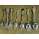 A group of eleven Irish Silver tea Spoons along with three desert Forks, various dates and makers.