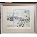A coloured Print of the Eiffel Tower Paris along with a modern oil on canvas of a Parisian scene. 23