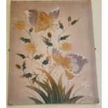 An early Print on Canvas of Butterflies landing on Flowers. 84 x 66cm approx.