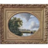 An oval 19th/20th Century Oil on Board of two boys fishing beside a weir. Signed Meyer MB. In a good
