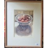 A 20th century Watercolour of Plums in a colander. Monogrammed LR. With Patricia Anne verso. 44 x 34