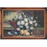 A large Oil on Canvas still life of flowers in a vase on a table setting. Signed LR. Bennett. Well