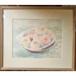 A 20th Century Watercolour still life of peaches in a bowl by Joan Brady. Signed LR. 25 x 32 cm